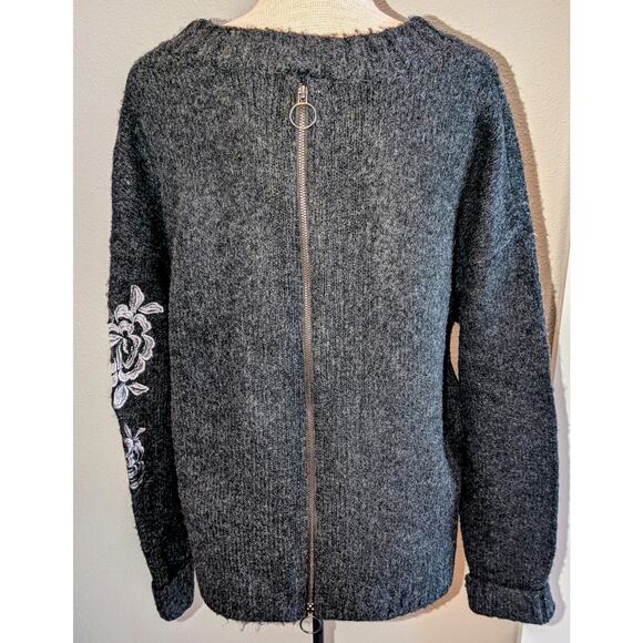 Anthropologie Blank NYC Wool Blend Embroidered Zip Back Sweater Charcoal Grey L - Picture 4 of 6